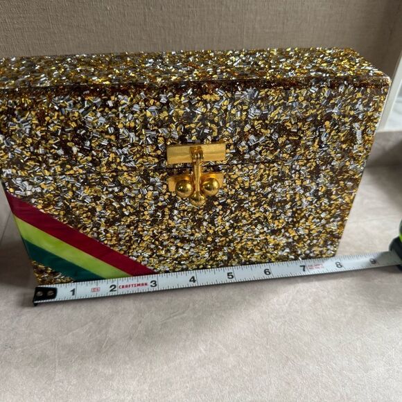 EDIE PARKER ACRYLIC CLUTCH – GOLD CONFETTI & RAINBOW STRIPE | HANDMADE | RARE - Picture 7 of 17